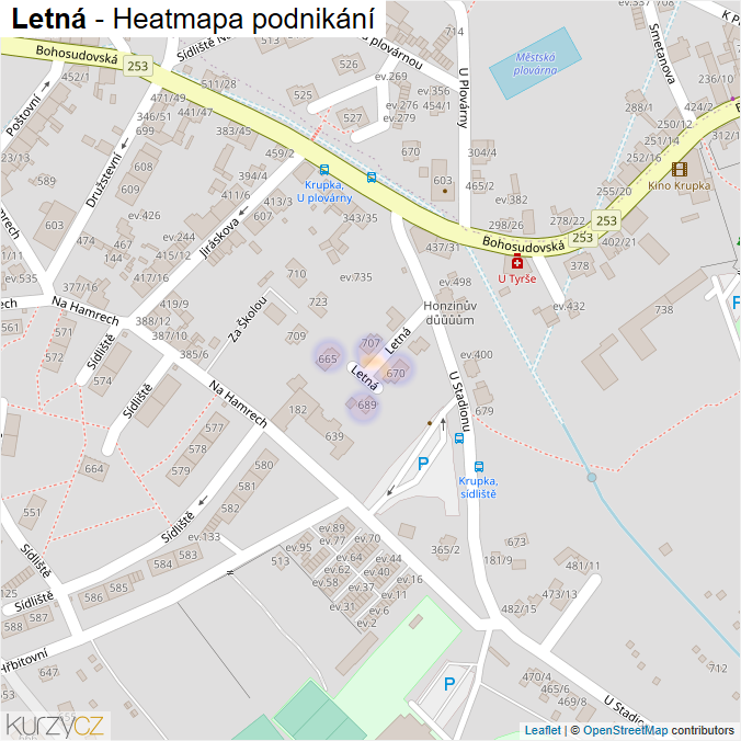 Mapa Letná - Firmy v ulici.