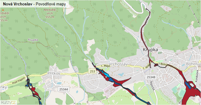 Nová Vrchoslav - záplavové mapy stoleté vody