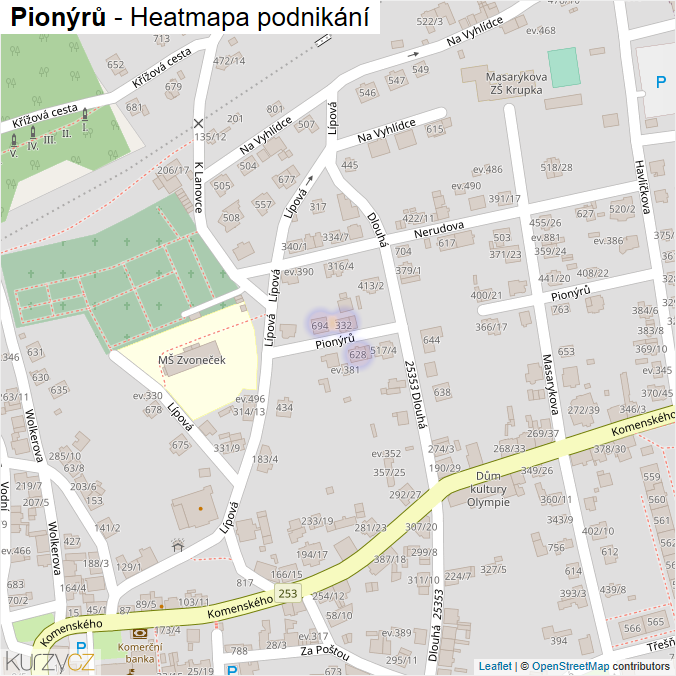 Mapa Pionýrů - Firmy v ulici.