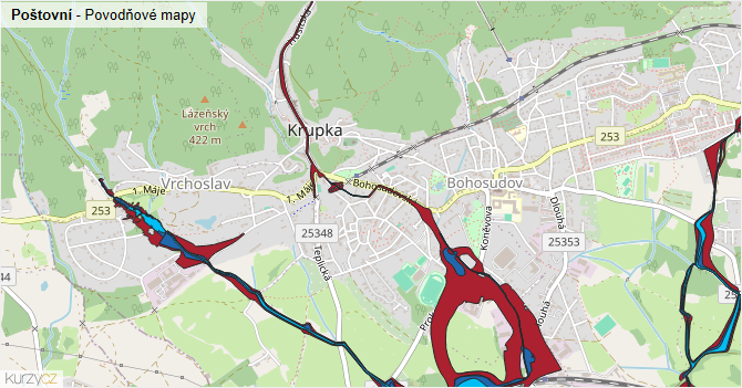 Poštovní - záplavové mapy stoleté vody