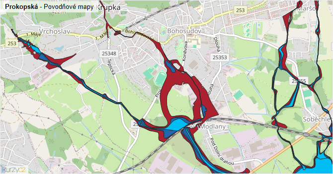 Prokopská - záplavové mapy stoleté vody