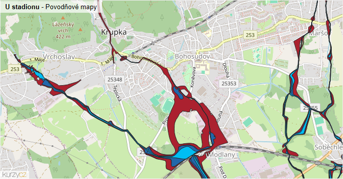 U stadionu - záplavové mapy stoleté vody