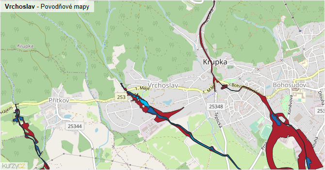 Vrchoslav - záplavové mapy stoleté vody