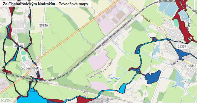 Za Chabařovickým Nádražím - záplavové mapy stoleté vody