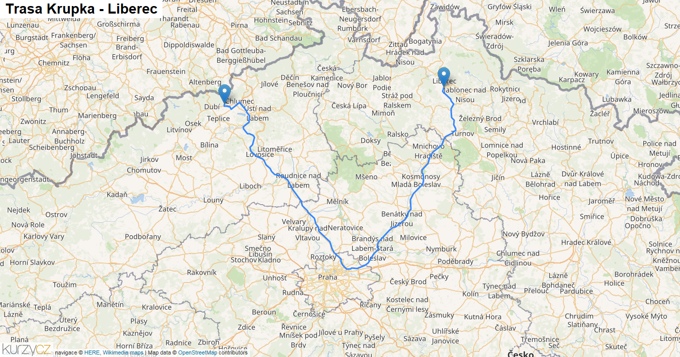 Krupka-Liberec, mapa trasy