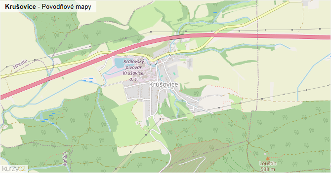 Krušovice - záplavové mapy stoleté vody