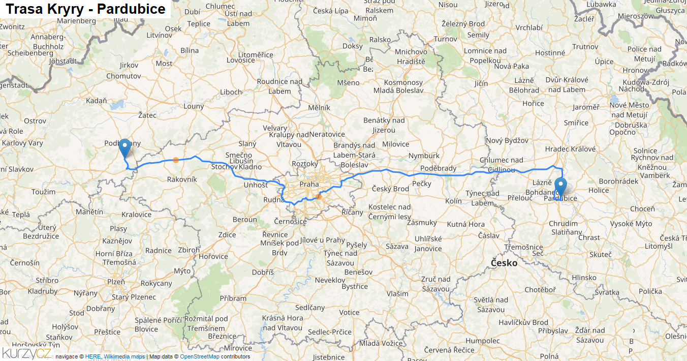 Kryry-Pardubice, mapa trasy