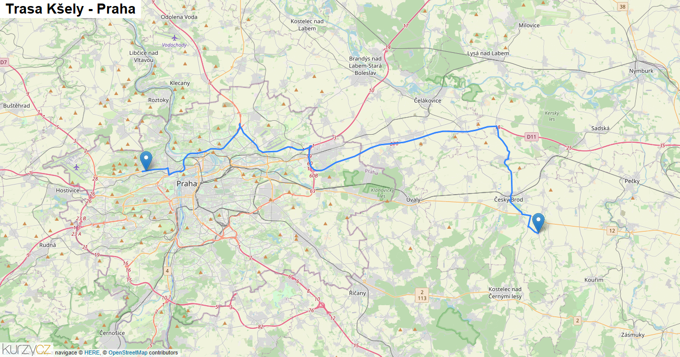 Kšely-Praha, mapa trasy