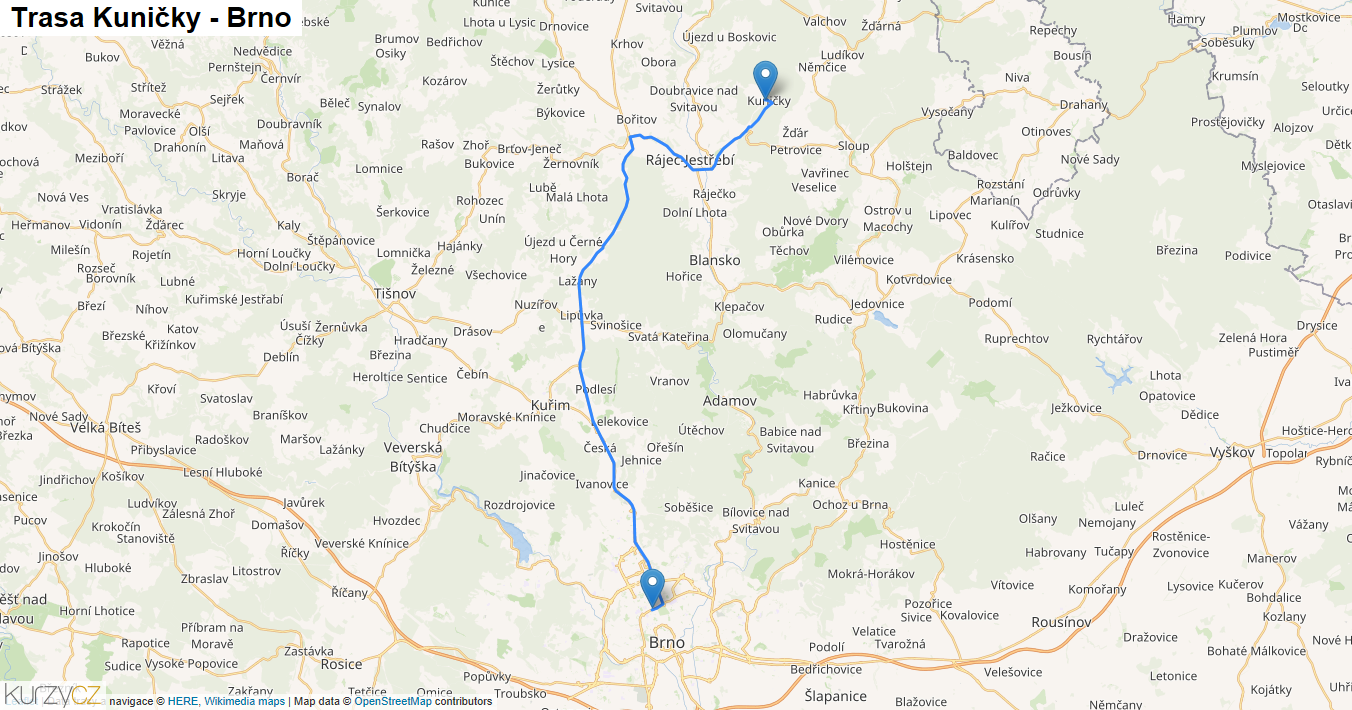 Kuničky-Brno, mapa trasy