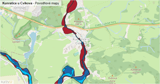 Kunratice u Cvikova - záplavové mapy stoleté vody