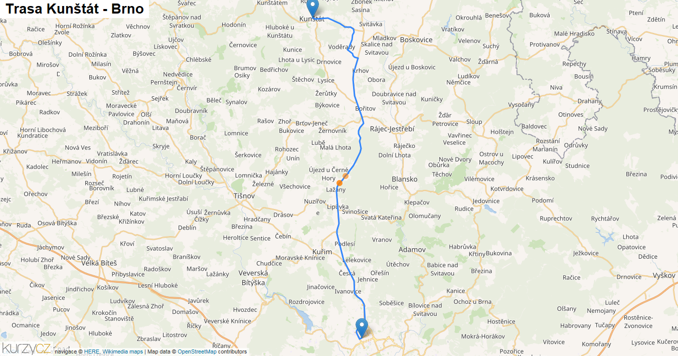 Kunštát-Brno, mapa trasy