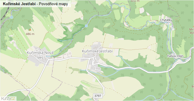 Kuřimské Jestřabí - záplavové mapy stoleté vody