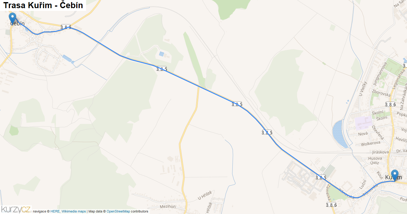 Kuřim-Čebín, mapa trasy