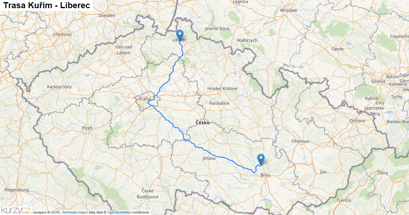 Kuřim-Liberec, mapa trasy