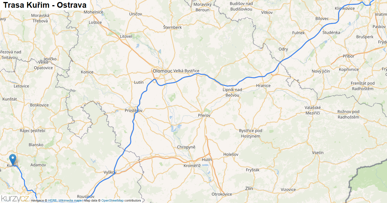 Kuřim-Ostrava, mapa trasy