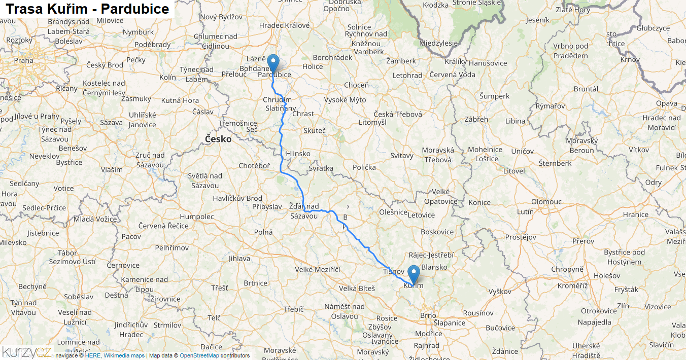 Kuřim-Pardubice, mapa trasy