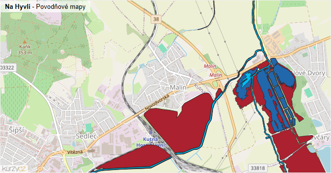 Na Hyvli - záplavové mapy stoleté vody