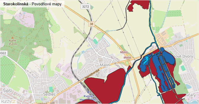 Starokolínská - záplavové mapy stoleté vody