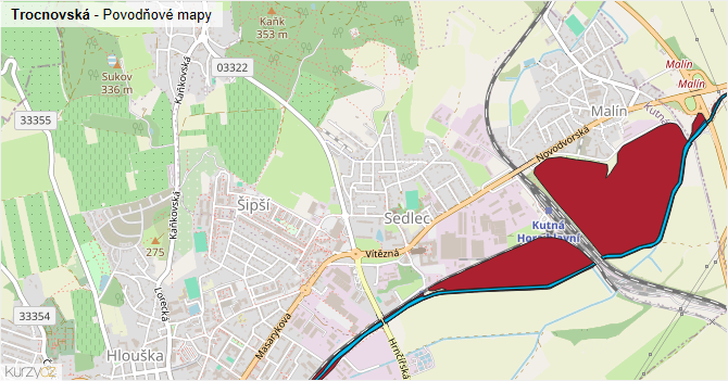Trocnovská - záplavové mapy stoleté vody