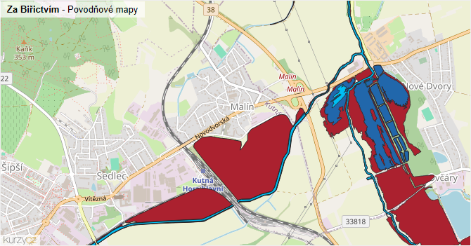 Za Biřictvím - záplavové mapy stoleté vody