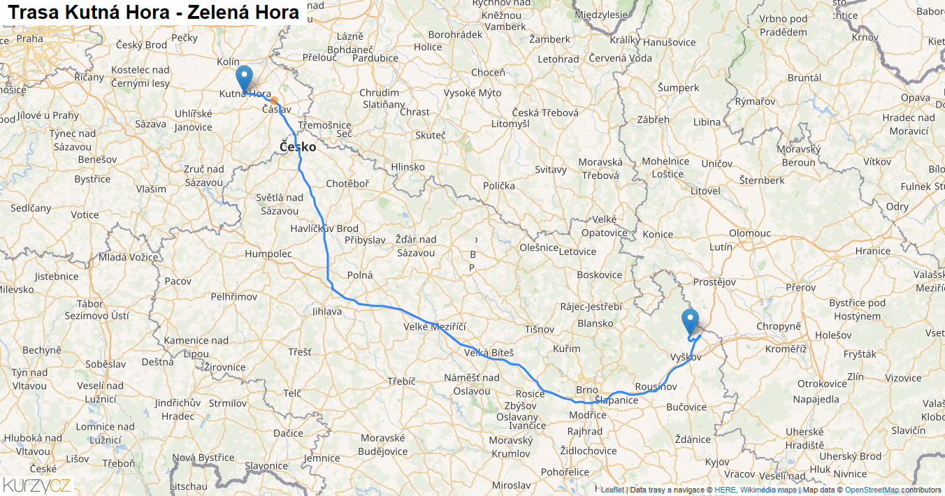 Kutná Hora-Zelená Hora, mapa trasy
