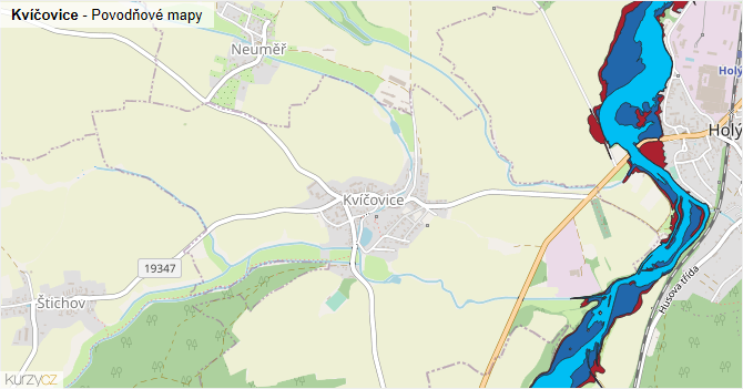 Kvíčovice - záplavové mapy stoleté vody