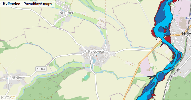 Kvíčovice - záplavové mapy stoleté vody