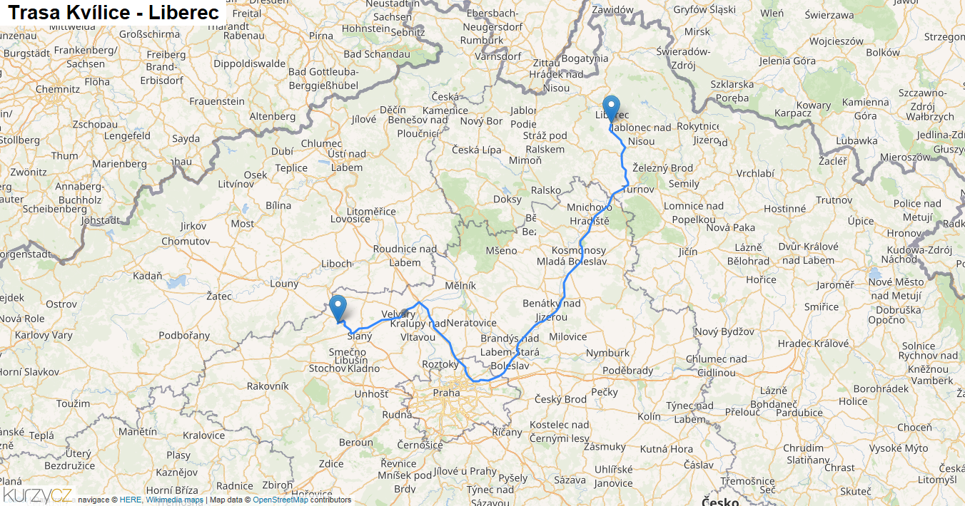 Kvílice-Liberec, mapa trasy