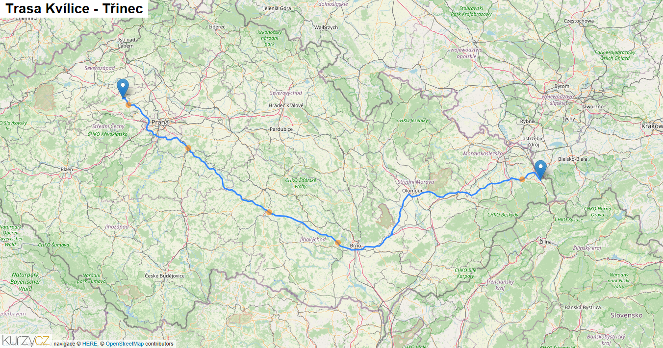 Kvílice-Třinec, mapa trasy