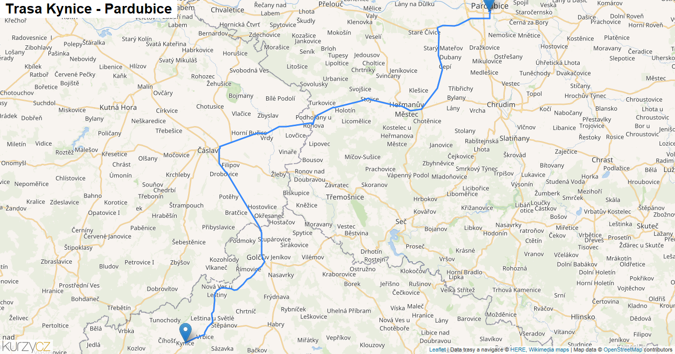 Kynice-Pardubice, mapa trasy