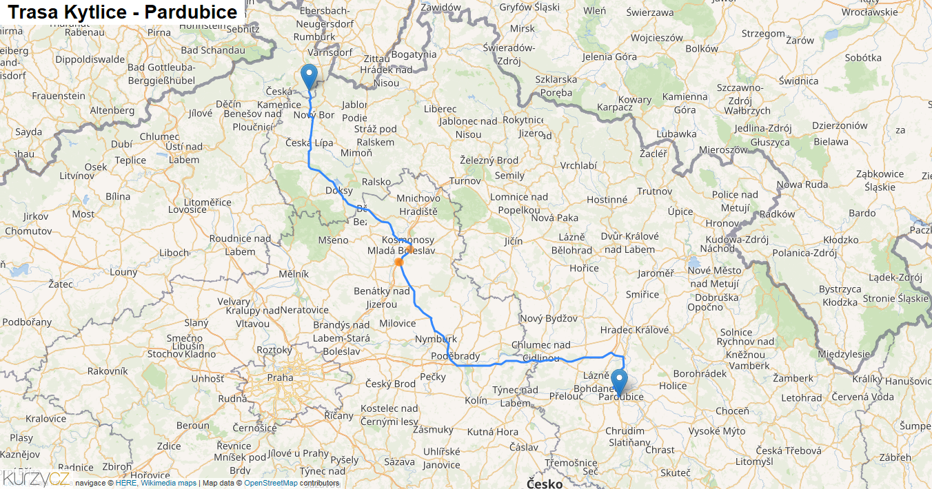 Kytlice-Pardubice, mapa trasy