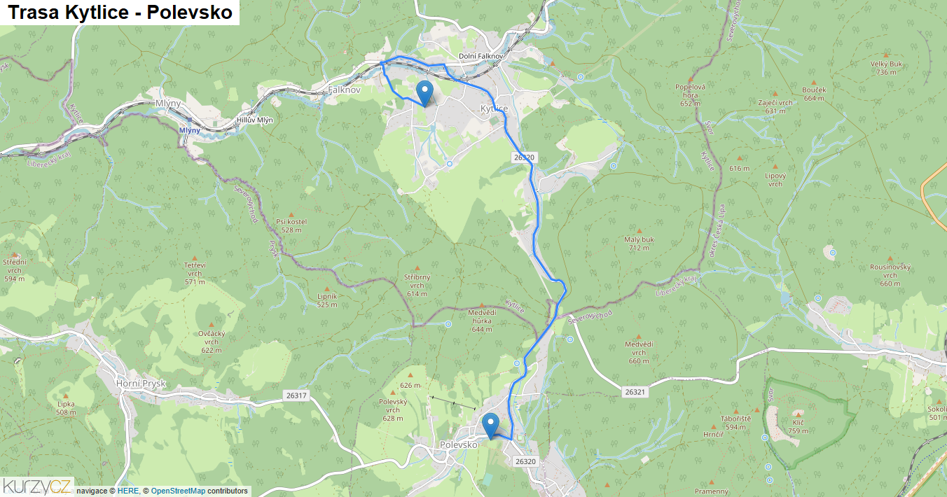 Kytlice-Polevsko, mapa trasy