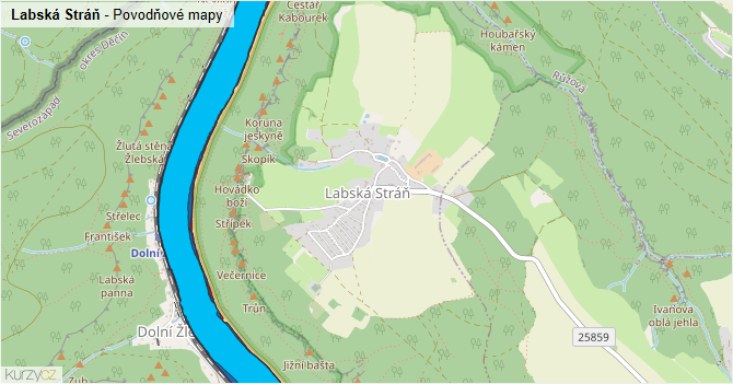 Labská Stráň - záplavové mapy stoleté vody