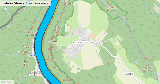 Labská Stráň - záplavové mapy stoleté vody