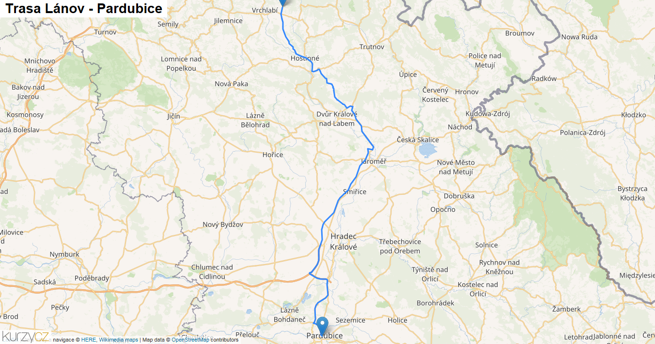 Lánov-Pardubice, mapa trasy
