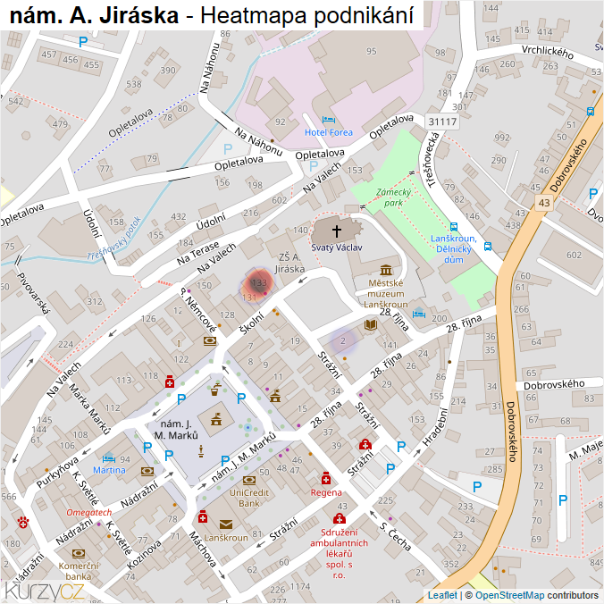 Mapa nám. A. Jiráska - Firmy v ulici.