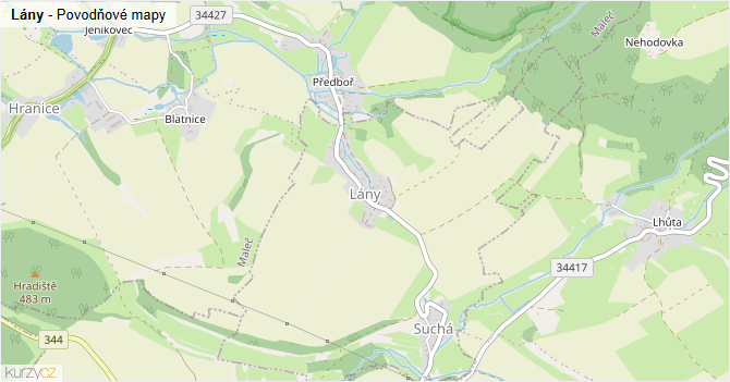 Lány - záplavové mapy stoleté vody