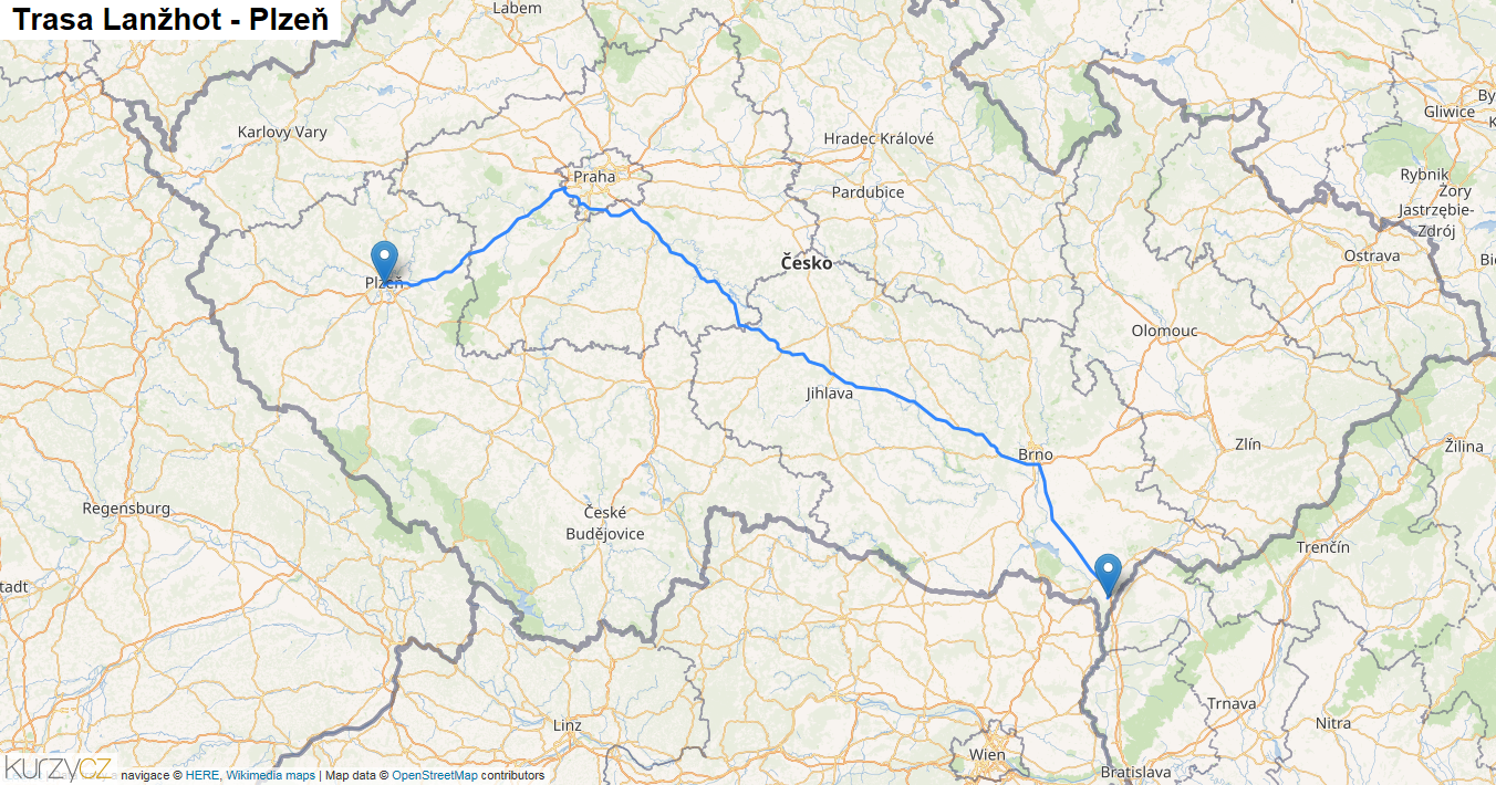 Lanžhot-Plzeň, mapa trasy