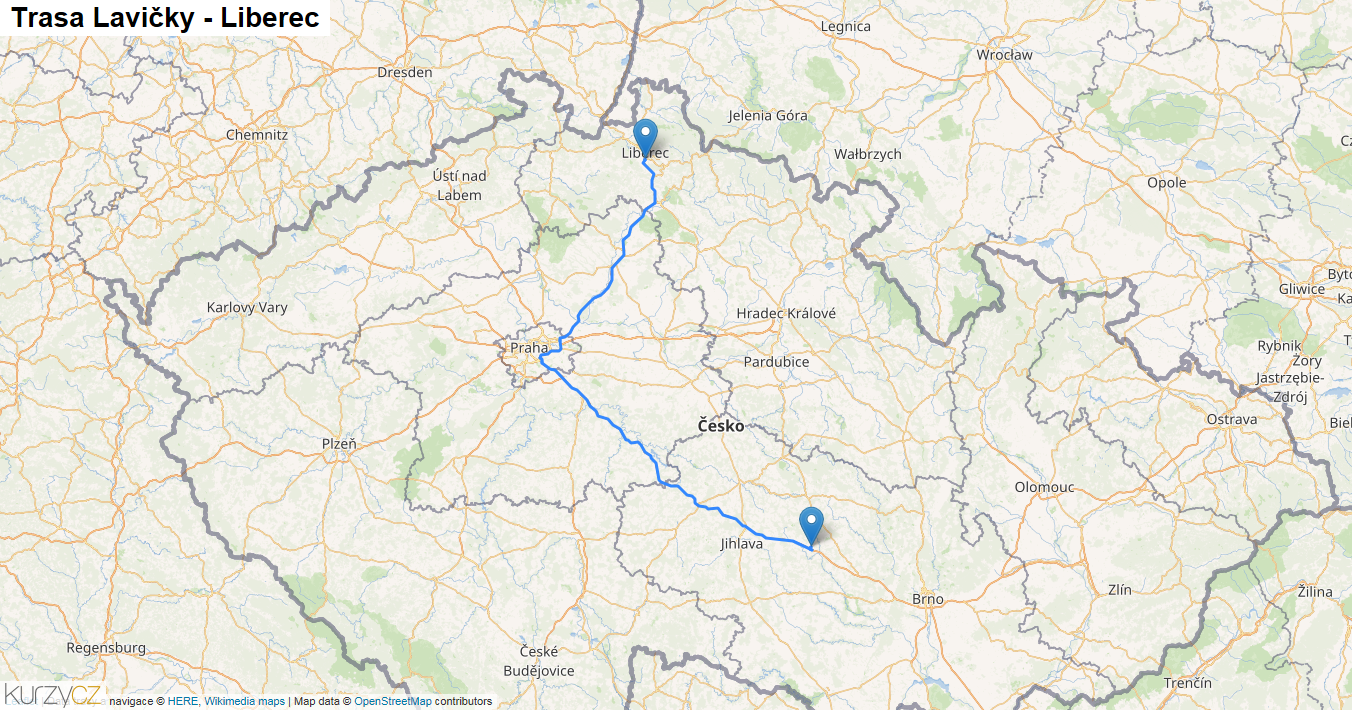 Lavičky-Liberec, mapa trasy