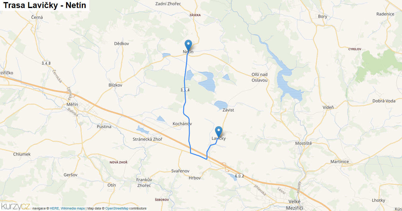 Lavičky-Netín, mapa trasy