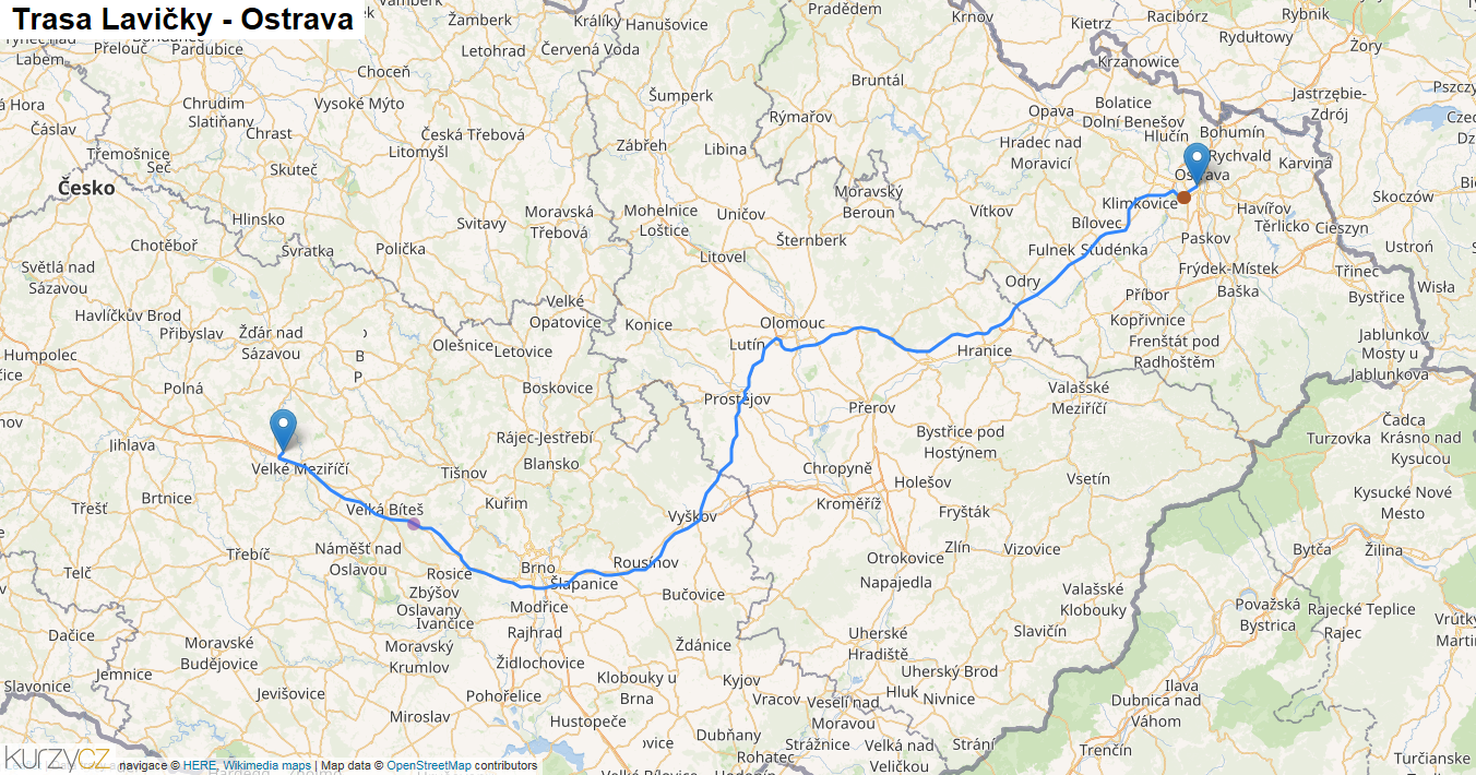 Lavičky-Ostrava, mapa trasy