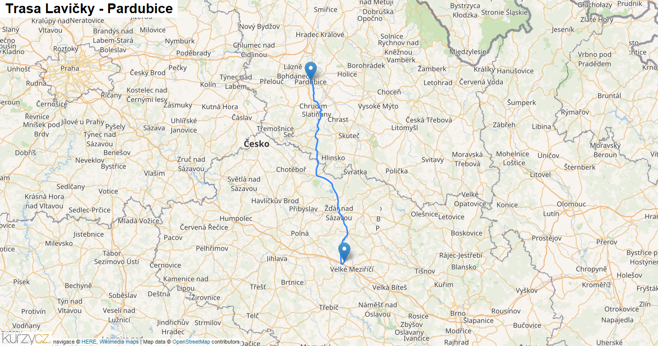 Lavičky-Pardubice, mapa trasy