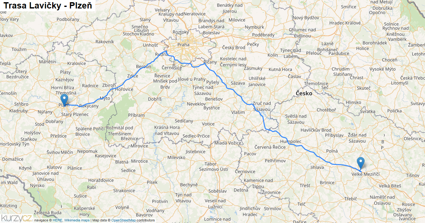 Lavičky-Plzeň, mapa trasy