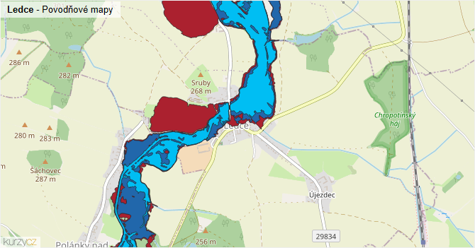 Ledce - záplavové mapy stoleté vody