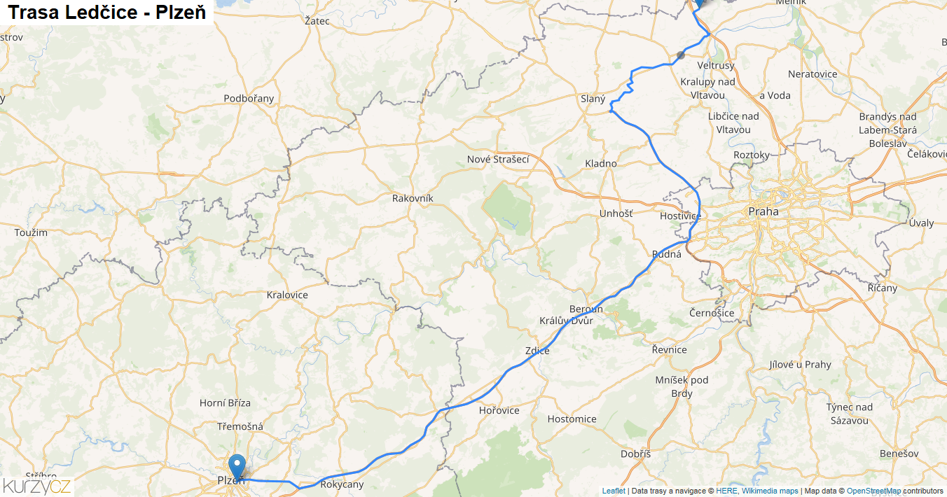Ledčice-Plzeň, mapa trasy