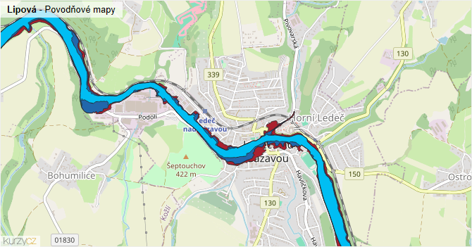 Lipová - záplavové mapy stoleté vody