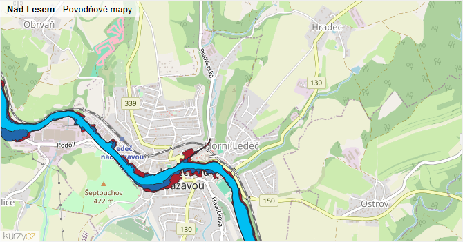 Nad Lesem - záplavové mapy stoleté vody