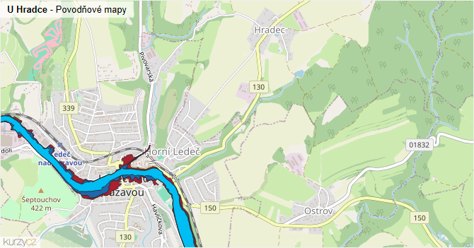 U Hradce - záplavové mapy stoleté vody