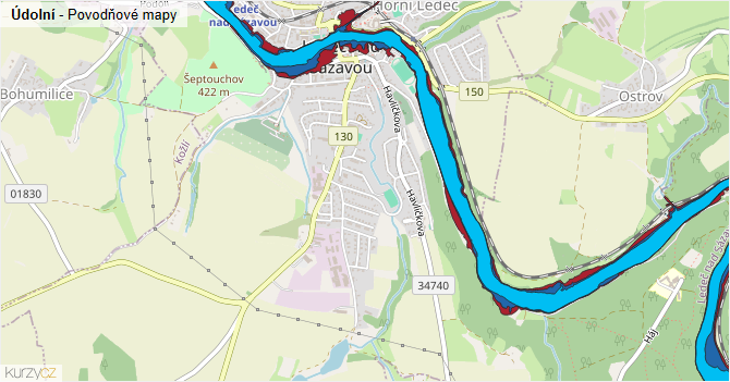 Údolní - záplavové mapy stoleté vody