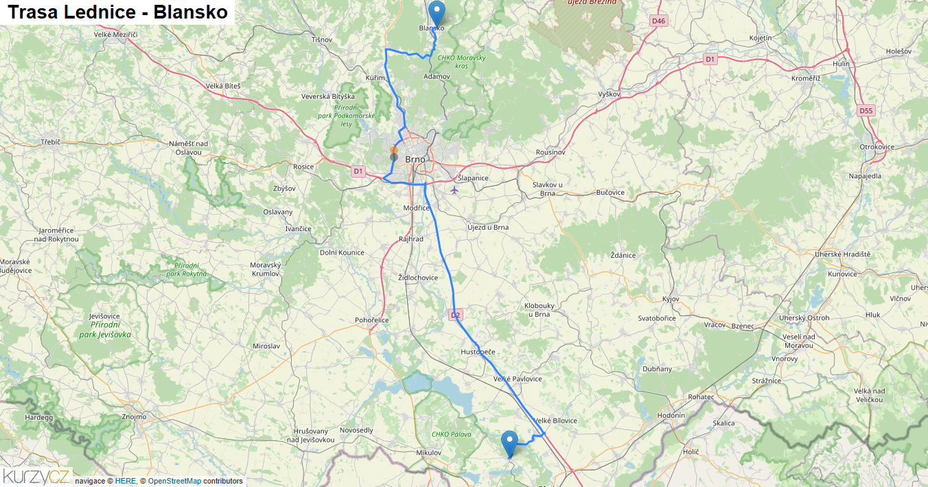 Lednice-Blansko, mapa trasy